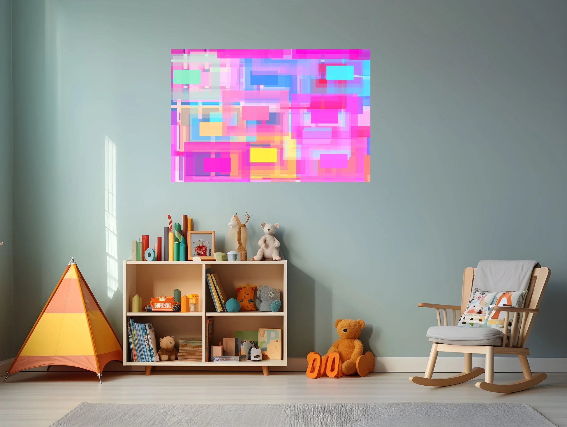 Children's room with colorful abstract art on the wall, bookshelf, and toys.