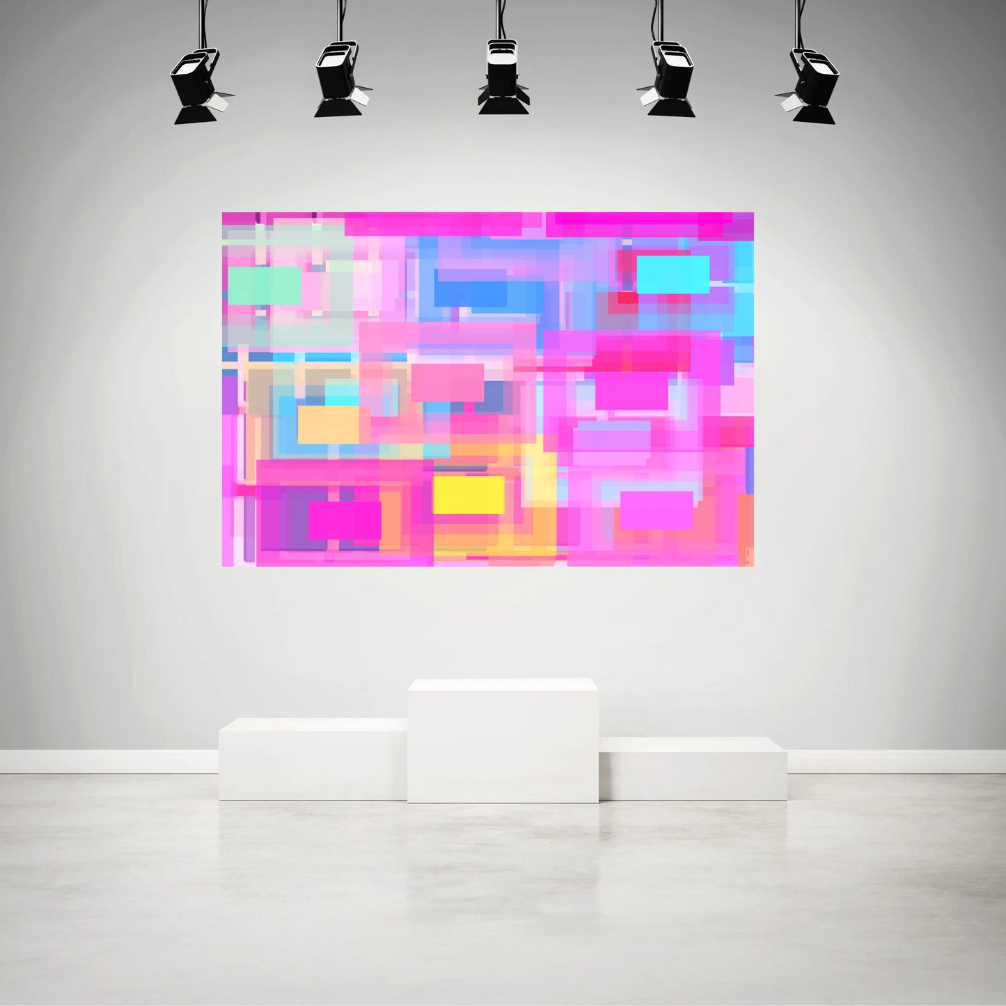 Colorful abstract painting on a gray wall with white cubes and spotlights.