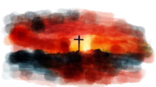 Artistic depiction of a cross against a fiery background.