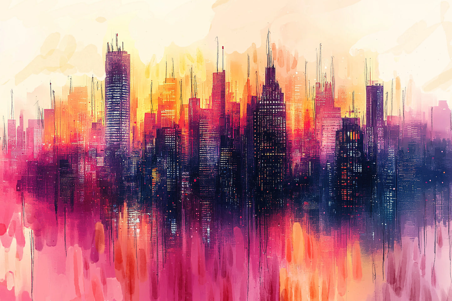Colorful city skyline reflection on water.