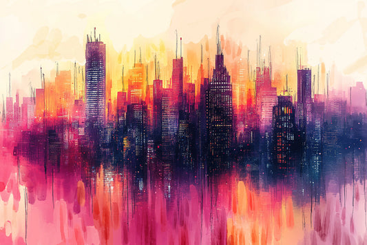 Colorful city skyline reflection on water.