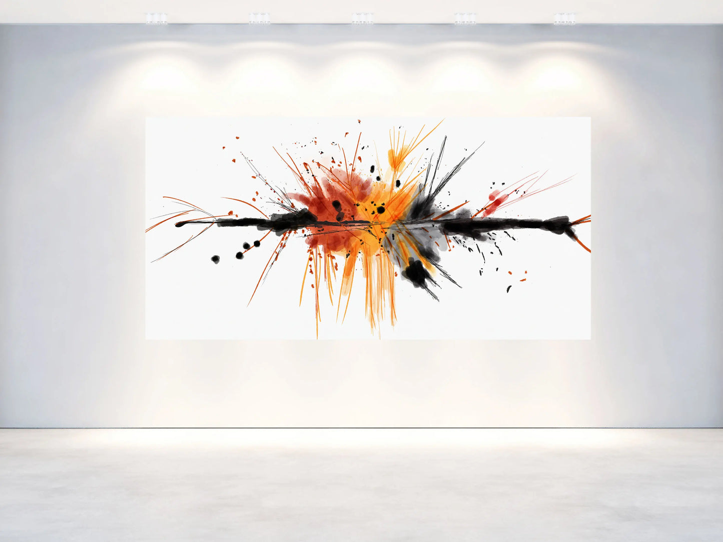 Abstract art piece with orange, black, and white splashes on a white wall.