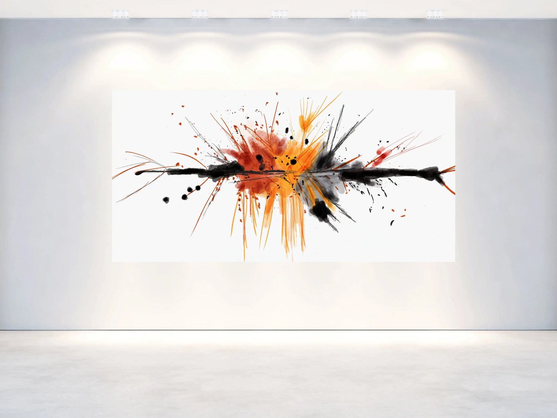 Abstract art piece with orange, black, and white splashes on a white wall.