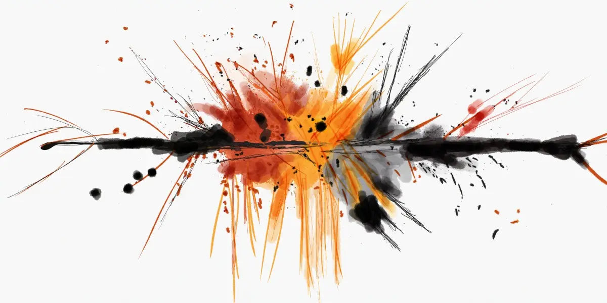 Abstract art with orange, black, and gray splashes on a white background.
