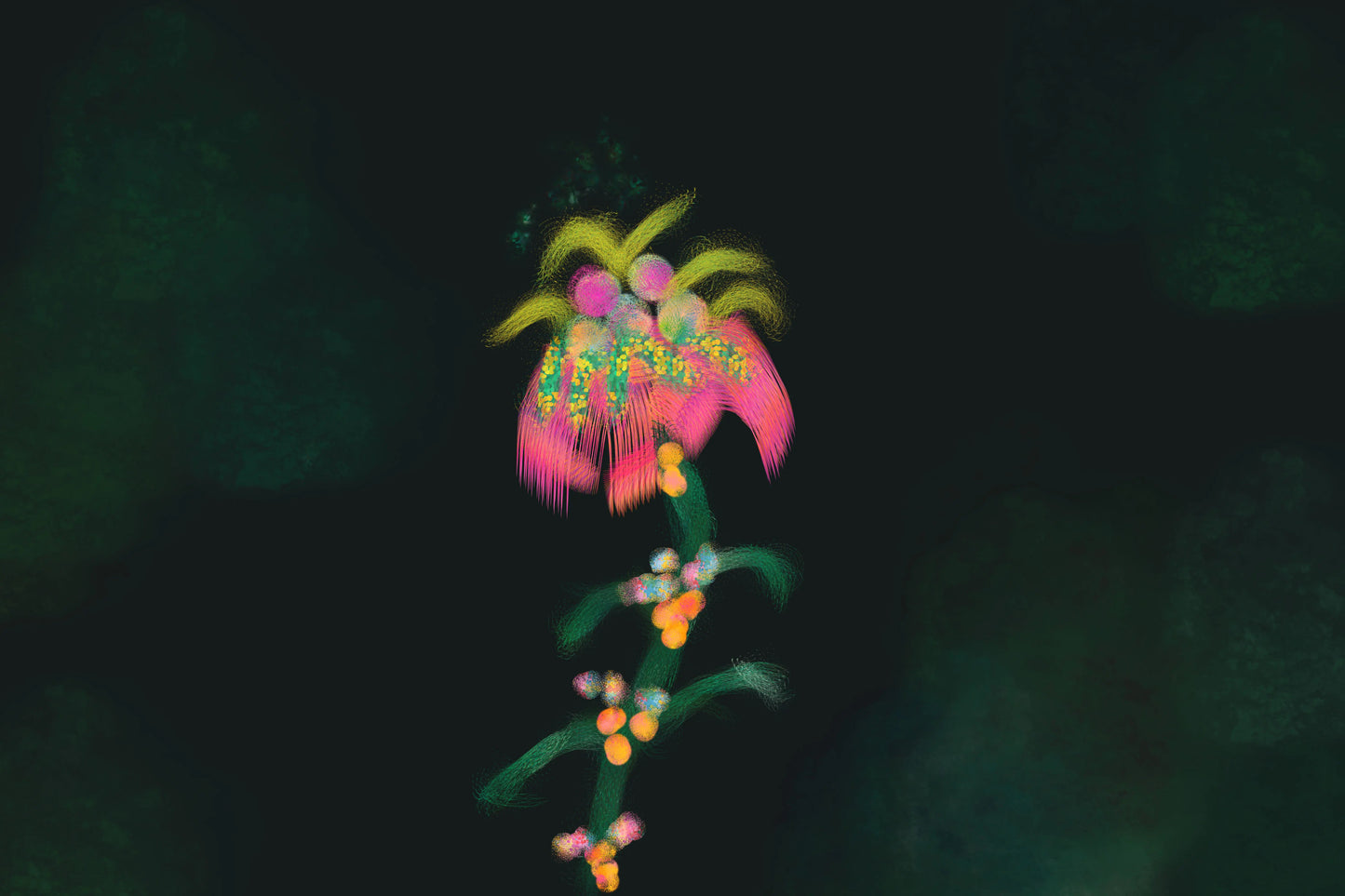 Colorful embroidered flower design on a dark background.
