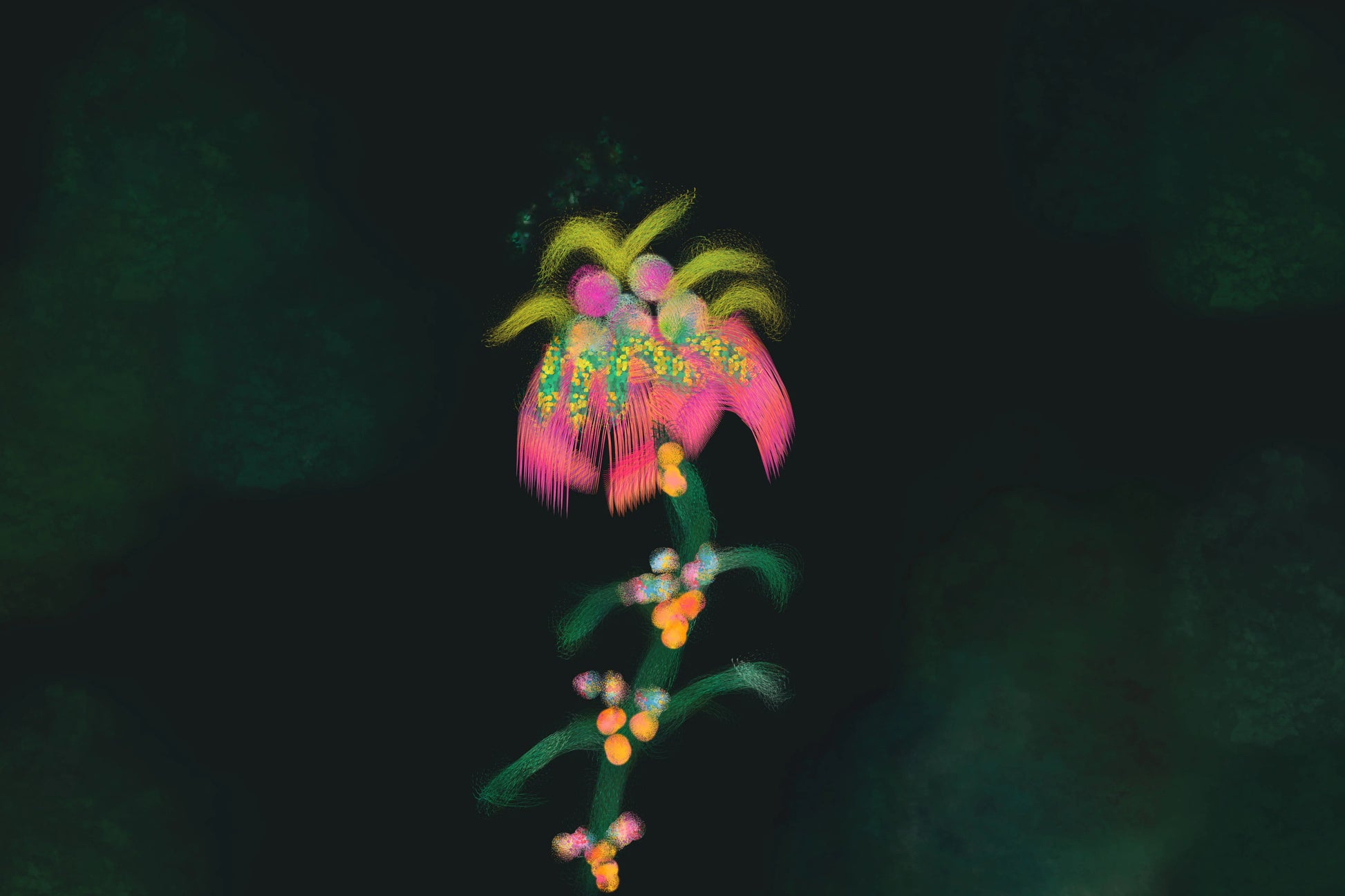 Colorful embroidered flower design on a dark background.
