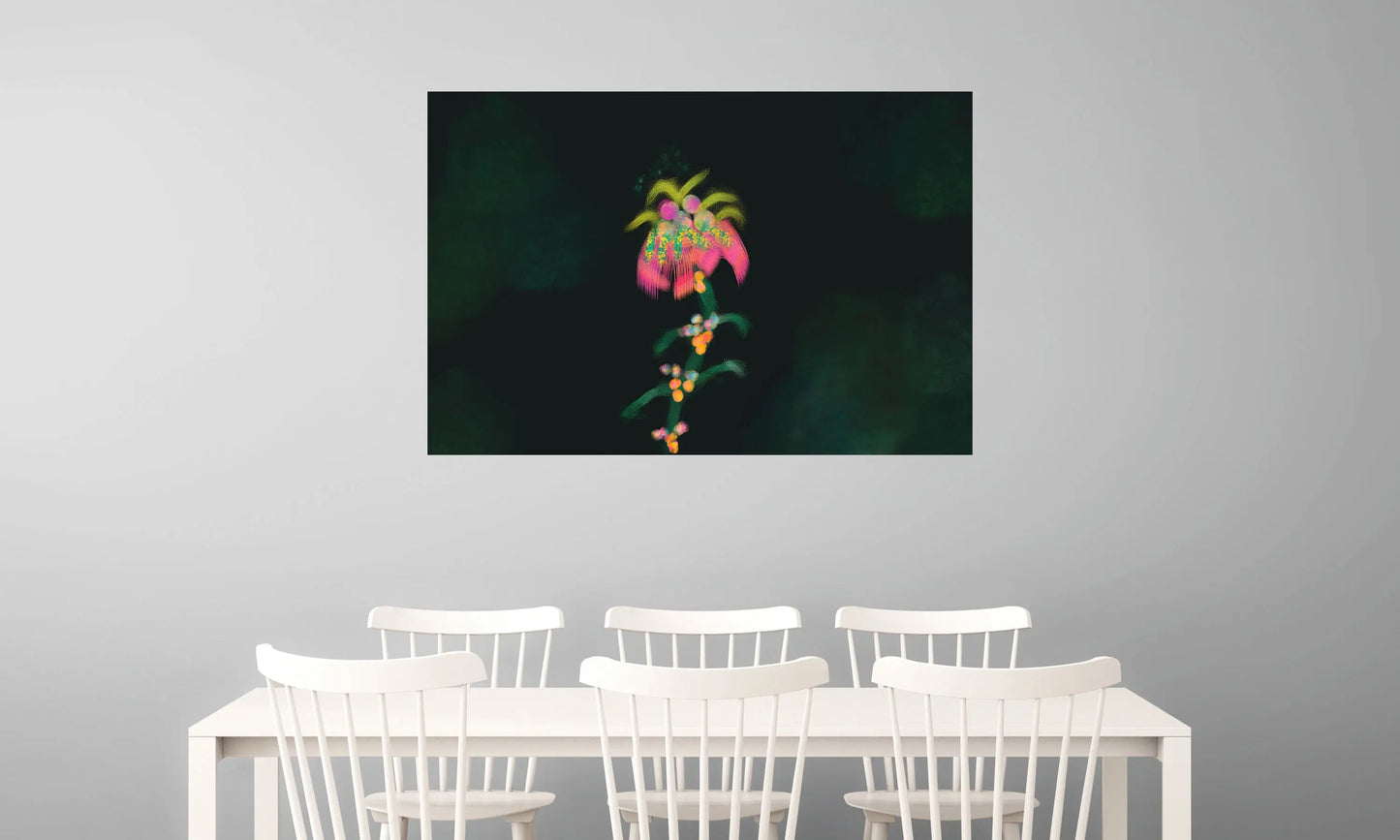 Framed artwork of a colorful flower on a gray wall above a white table with chairs.