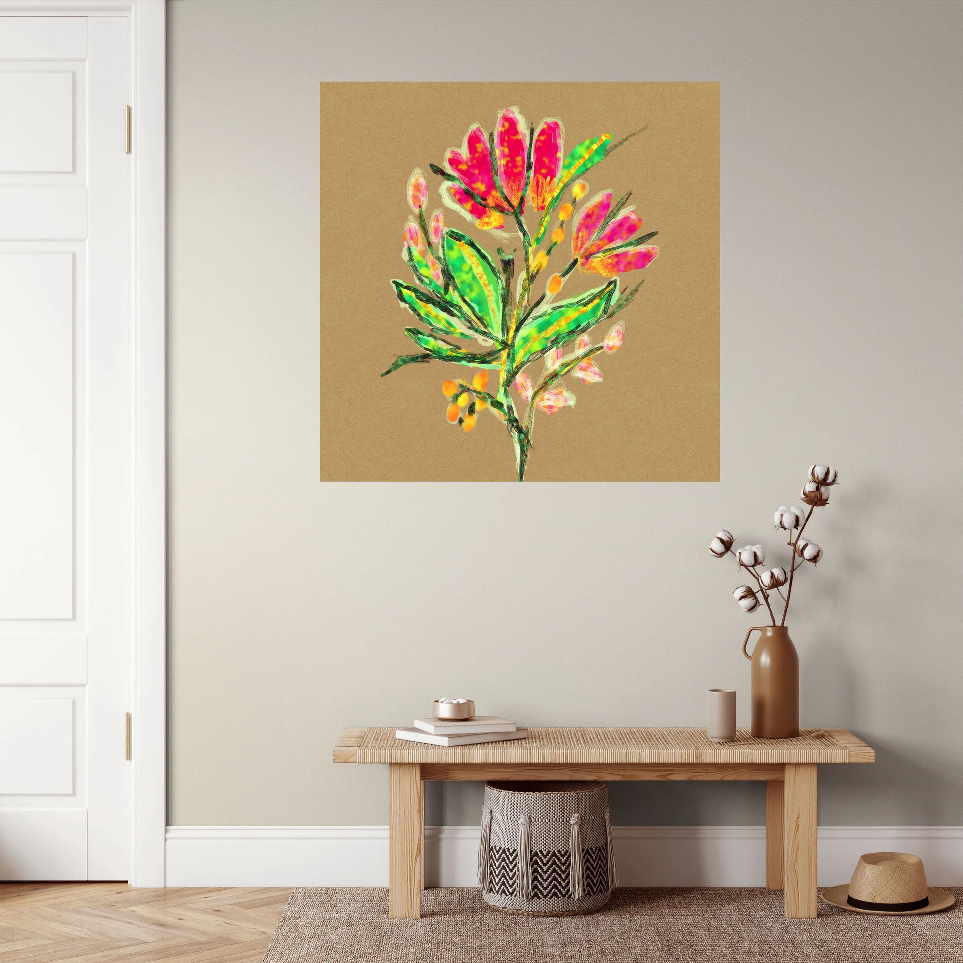 Colorful floral painting on a beige wall above a wooden bench.