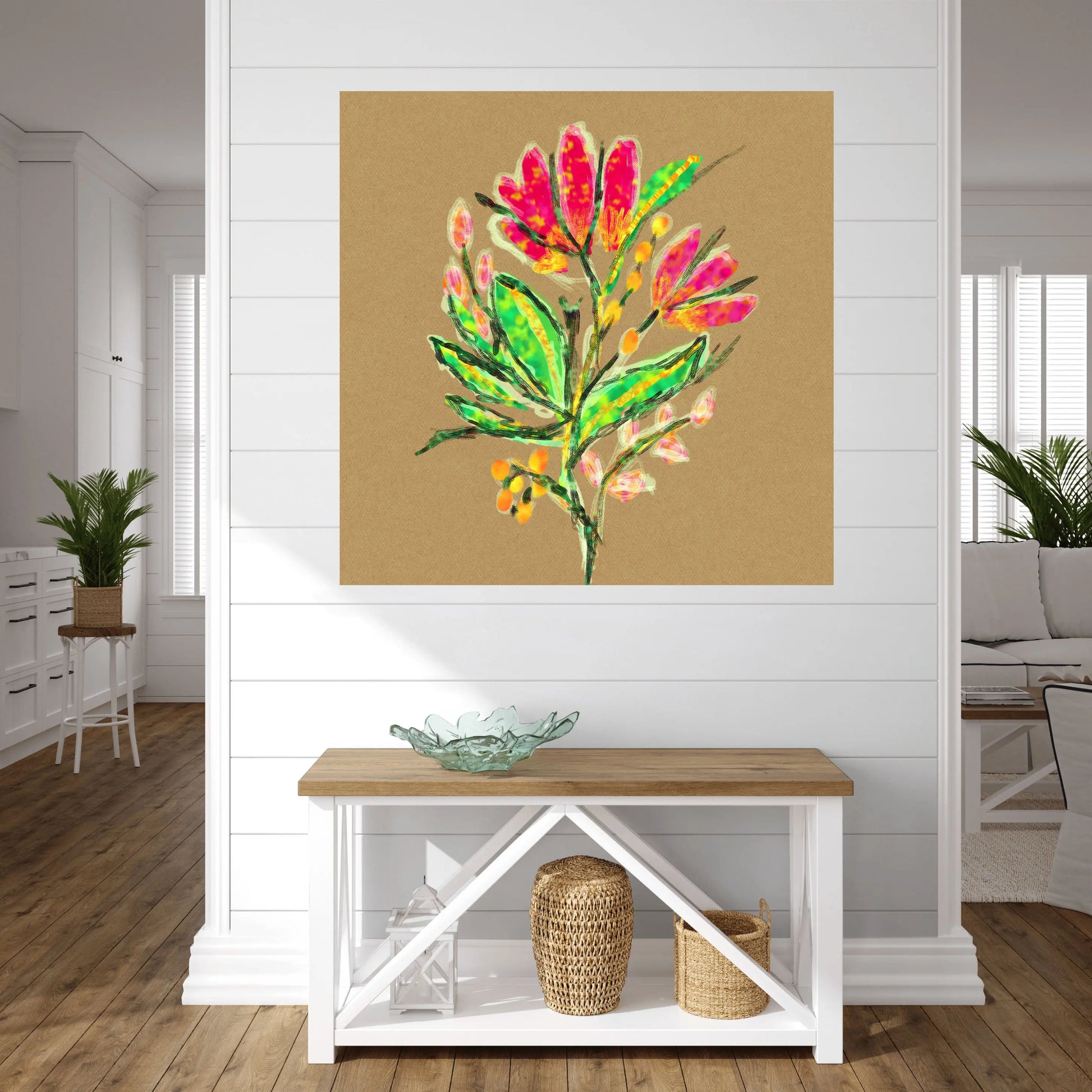 Colorful floral painting on a wall above a wooden bench in a living room.