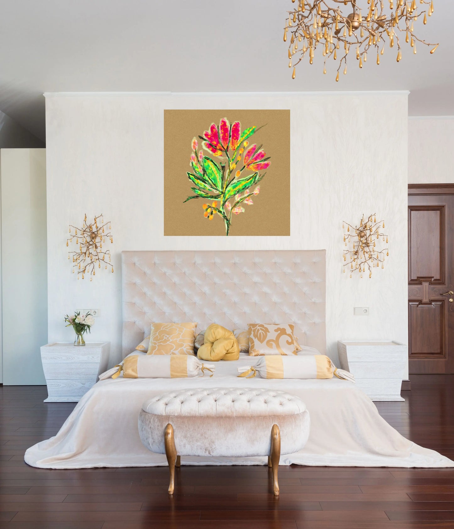 Modern bedroom with a colorful floral painting on the wall.