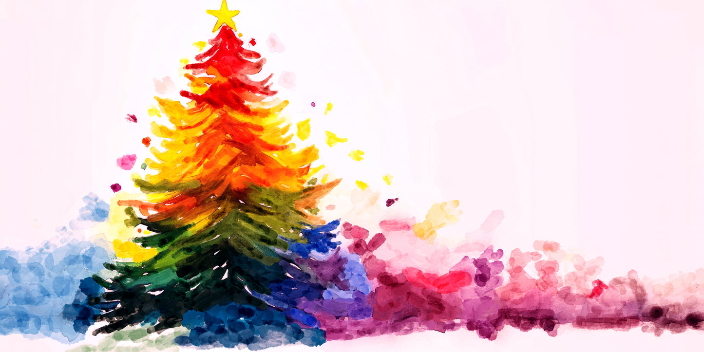 Colorful abstract painting of a Christmas tree with watercolor textures on a white background