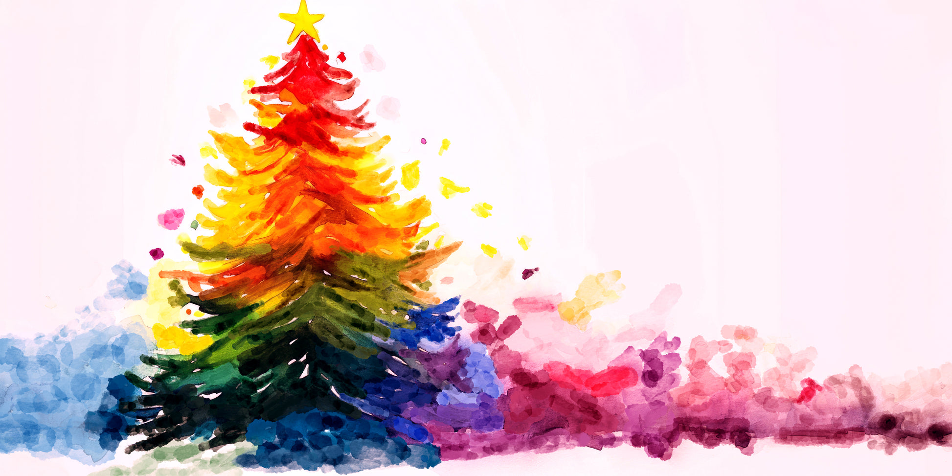 Colorful abstract painting of a Christmas tree with watercolor textures on a white background