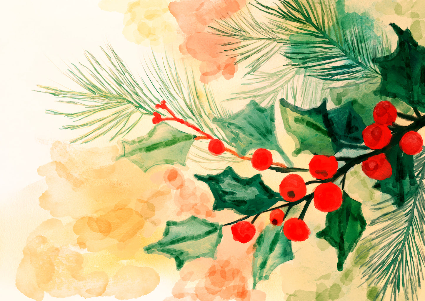 Christmas holly and red berries watercolor art print by Phillip J Gordon