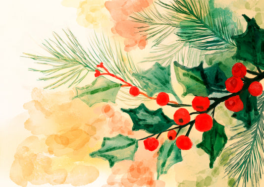 Christmas holly and red berries watercolor art print by Phillip J Gordon