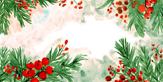 Decorative border with green foliage and red berries on a light background