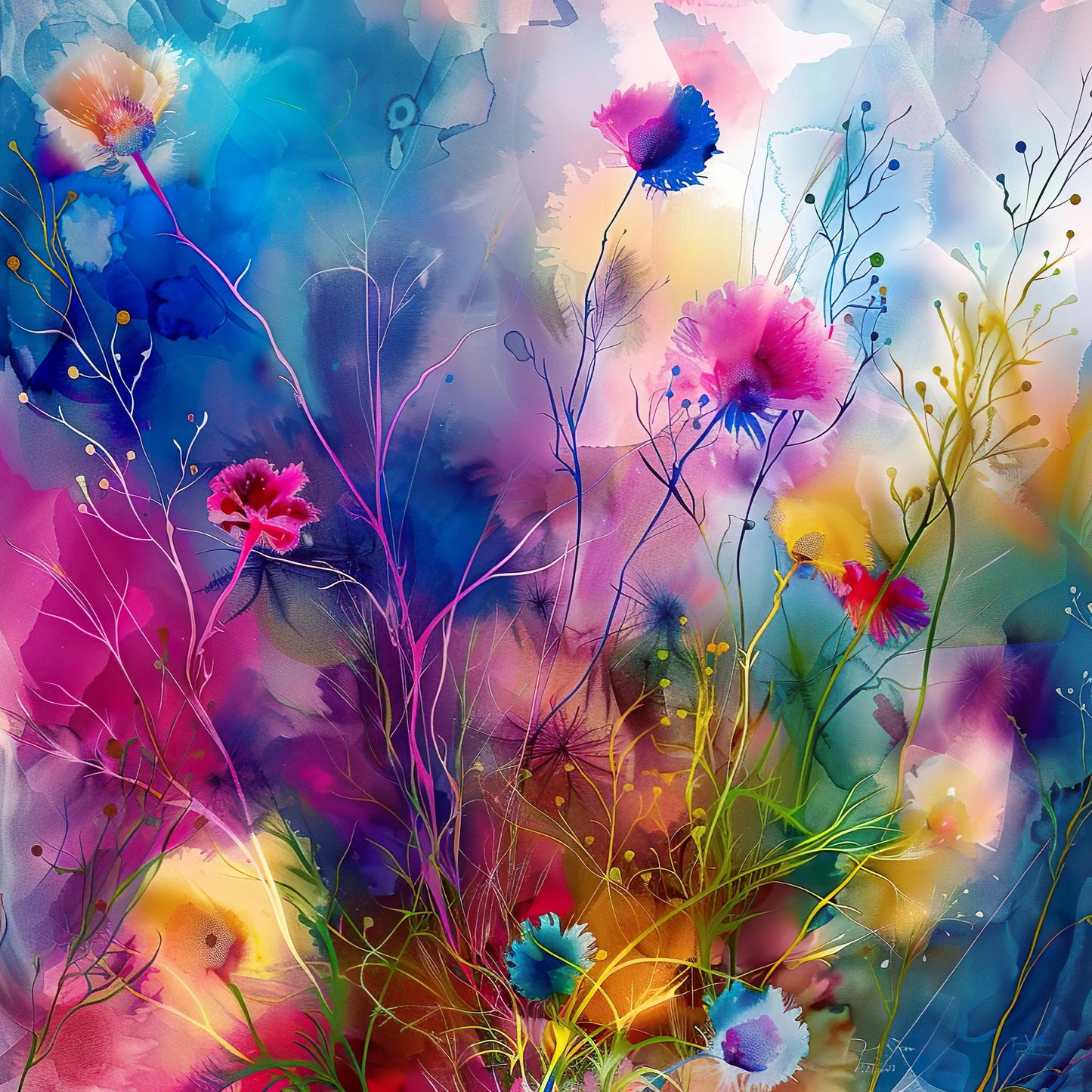 Wild Bloom – vibrant floral watercolour art print with bold blooms and rich layered colour, by Phillip J Gordon. Instant digital download printable wall art.