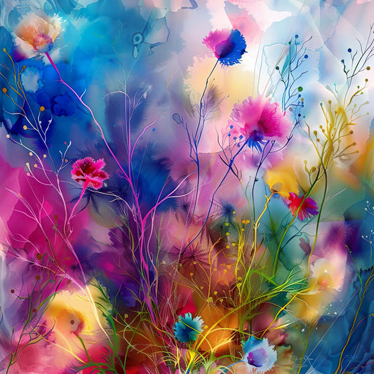 Wild Bloom floral watercolour art print — vibrant abstract wildflowers in pink, blue and yellow