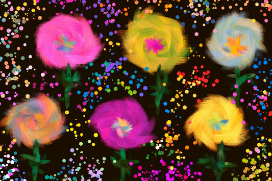 Flower Twirls — Watercolour floral digital art print with bold swirling red, blue and yellow flowers by Phillip J Gordon