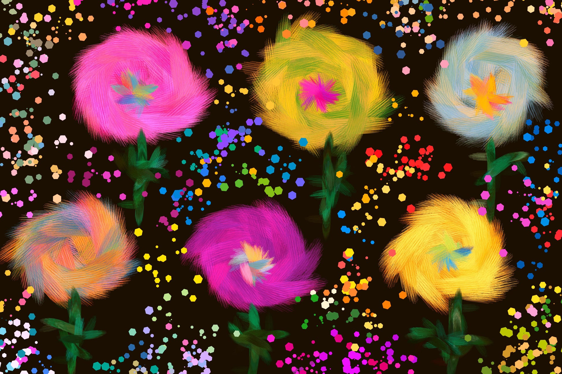 Flower Twirls – vibrant watercolour floral art print with bold swirling blooms in pink, yellow and orange on a dark background, by Phillip J Gordon. Instant digital download printable wall art.