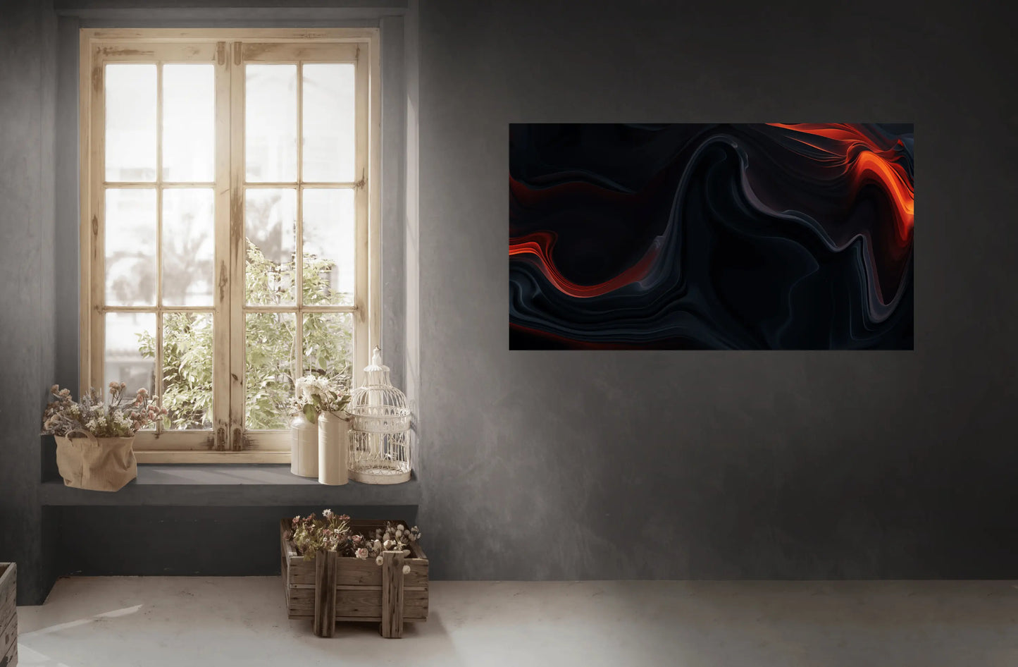Abstract wall art on a dark gray wall with a window and decorative items below.