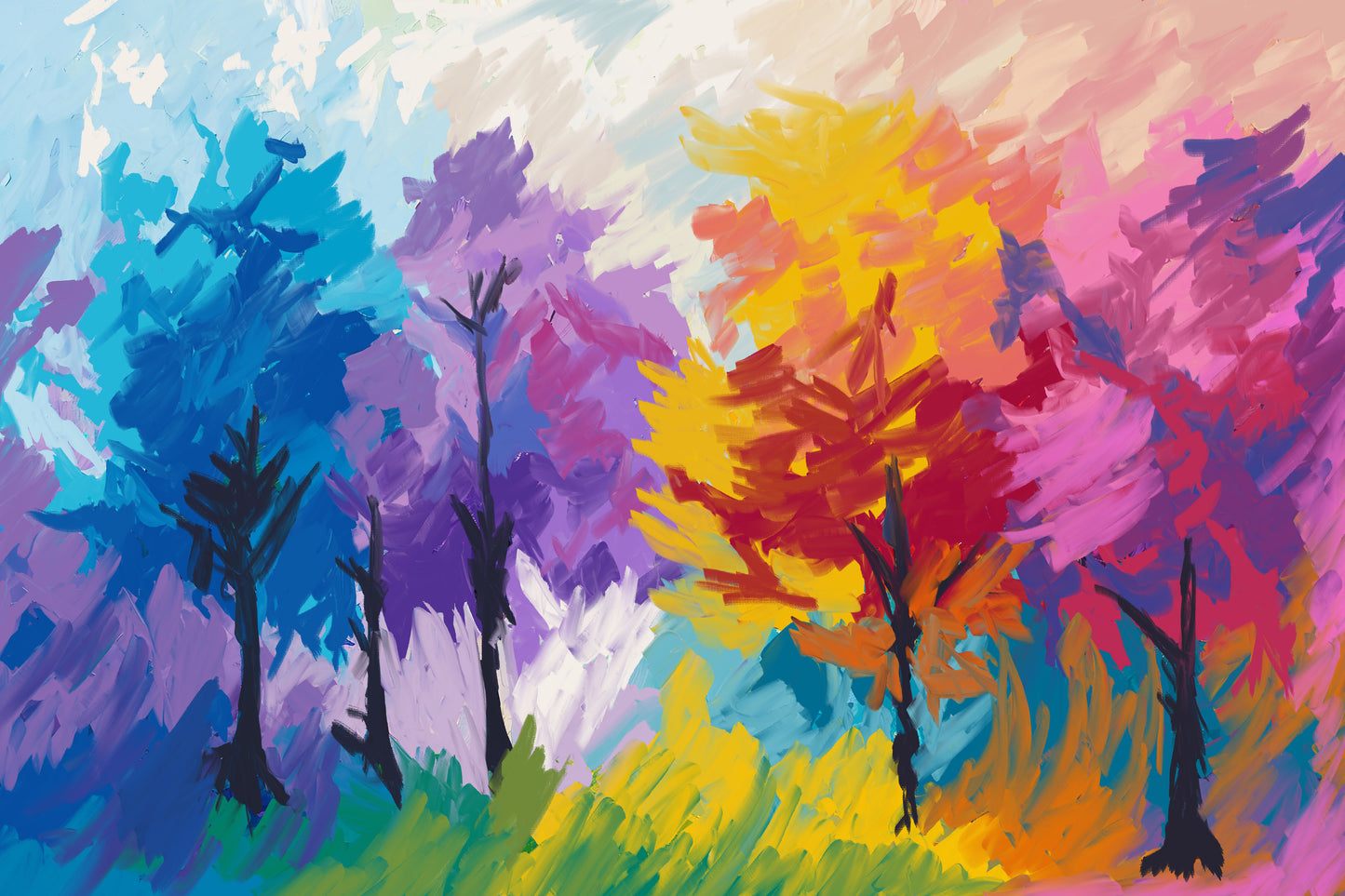 Colorful abstract painting of trees with vibrant colors
