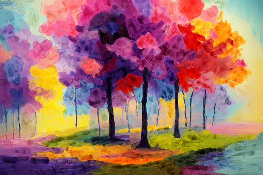 Colorful abstract painting of trees and flowers