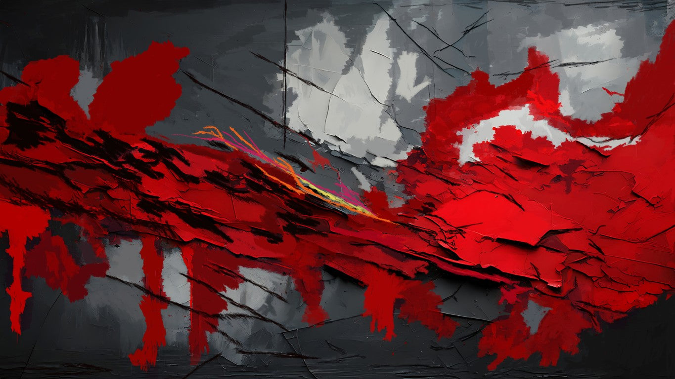 Red abstract design on a textured gray background.