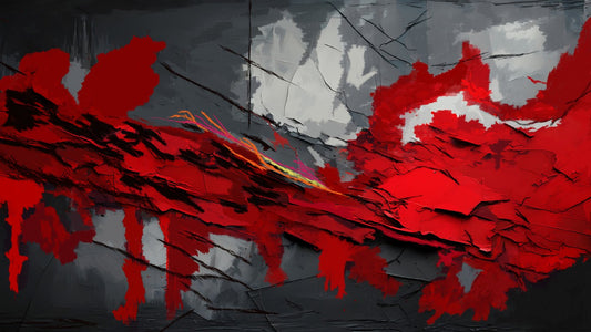 Red abstract design on a textured gray background.
