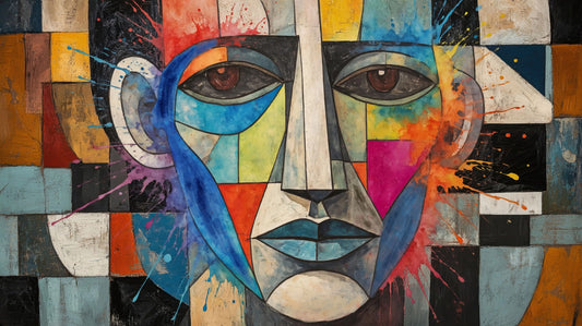 A colorful abstract cubist-style painting of a human face made of geometric blocks and paint splashes in blue, yellow, orange, pink, black, white, and gray.