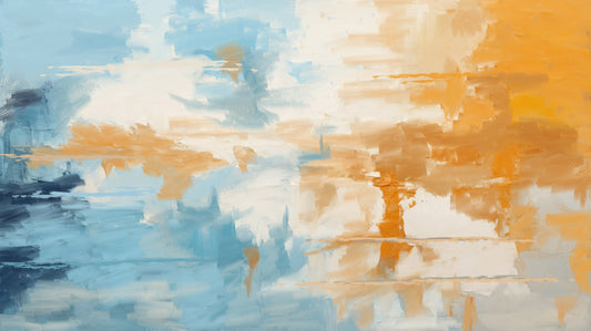 Abstract painting with orange, white, and blue colors