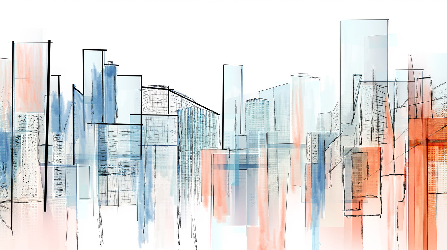 abstract digital watercolour art print with architectural lines and grid structures in fluid watercolour tones