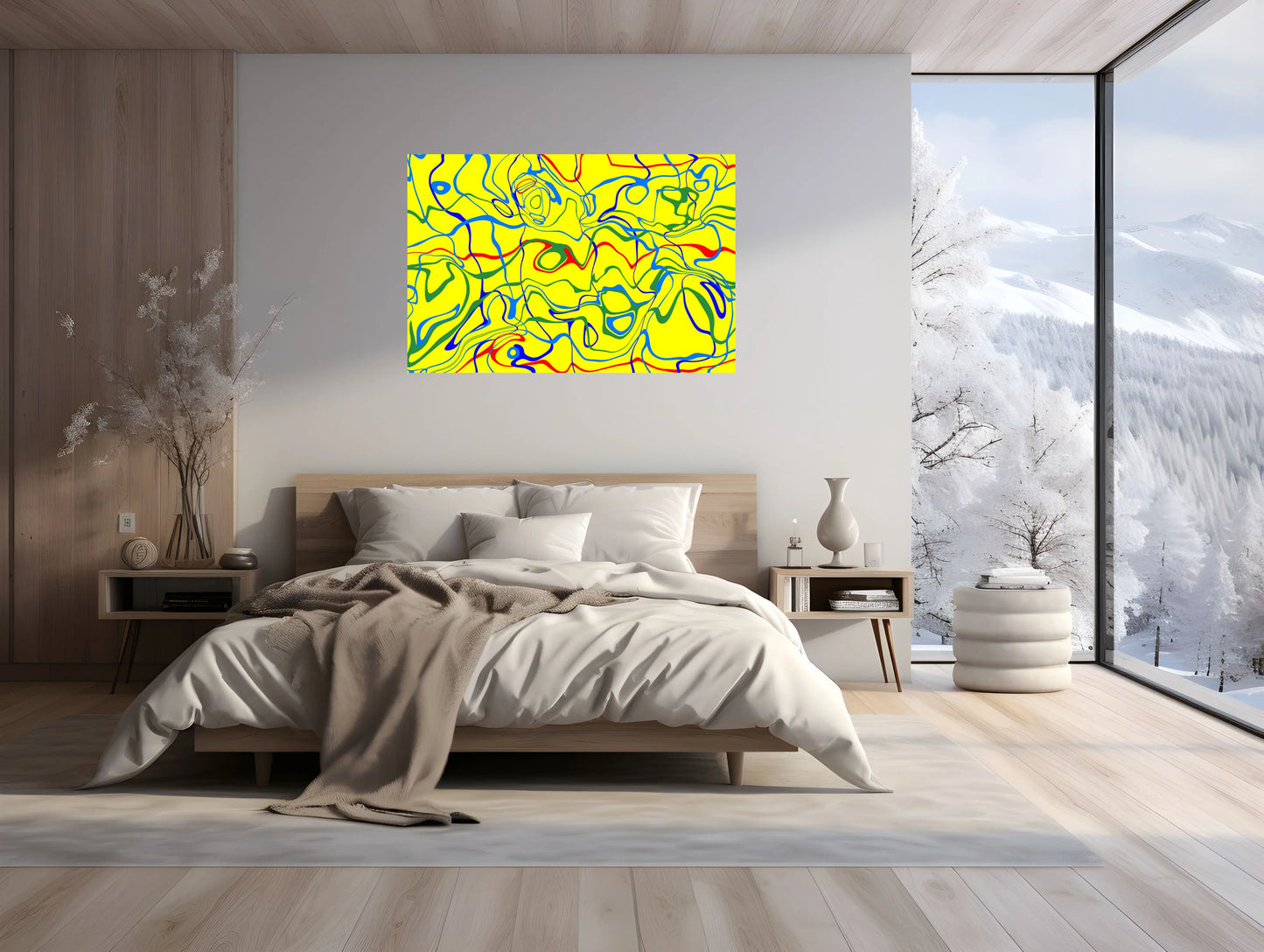 Modern bedroom with abstract yellow painting on the wall.