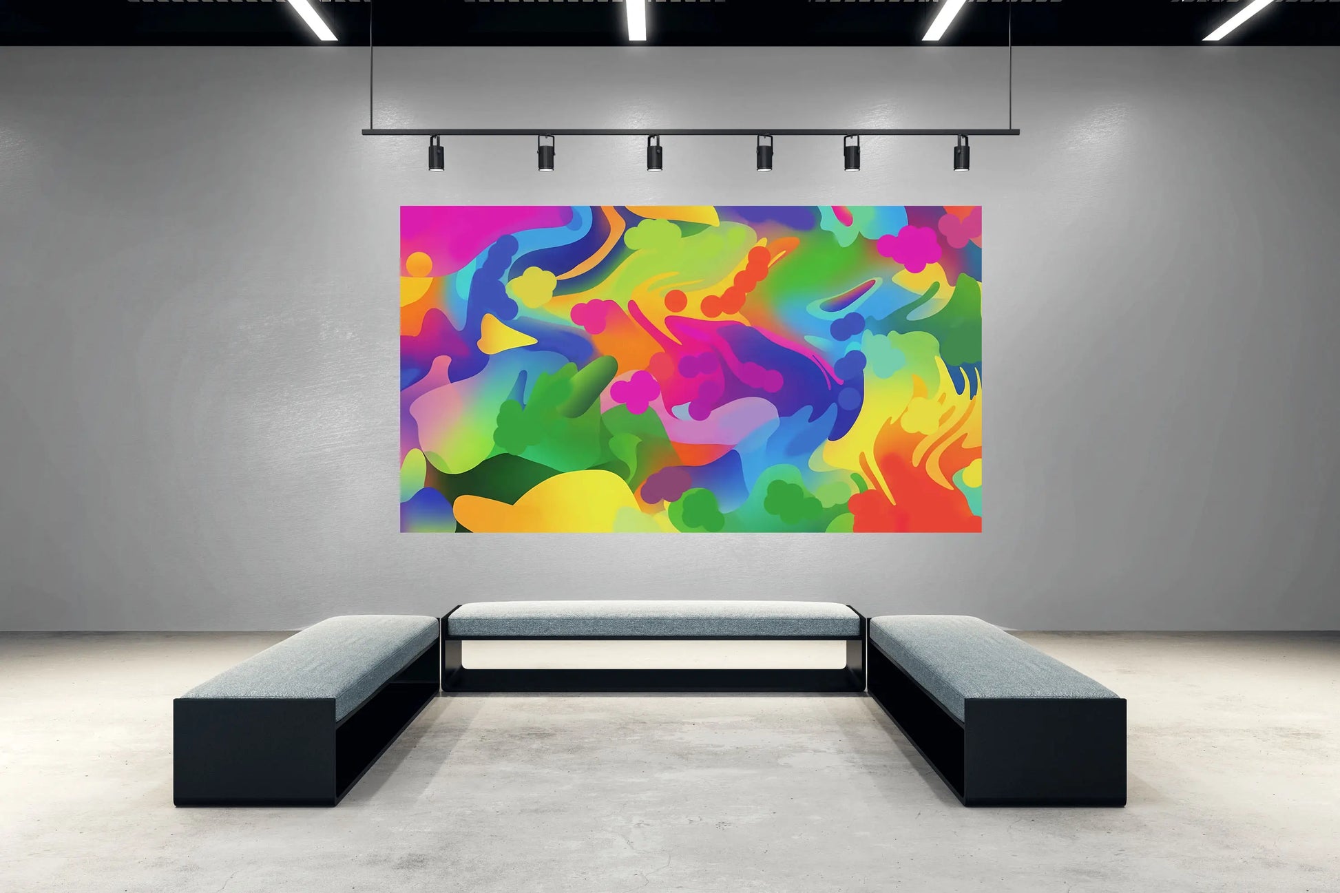 Colorful abstract painting on a wall above a modern black sofa in a minimalistic room.