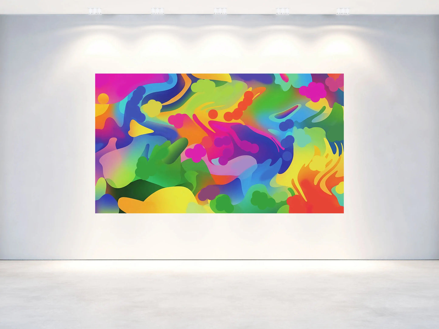 Colorful abstract art piece on a white wall.