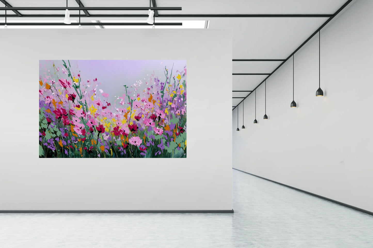 Modern interior with a painting of colorful flowers on a wall.