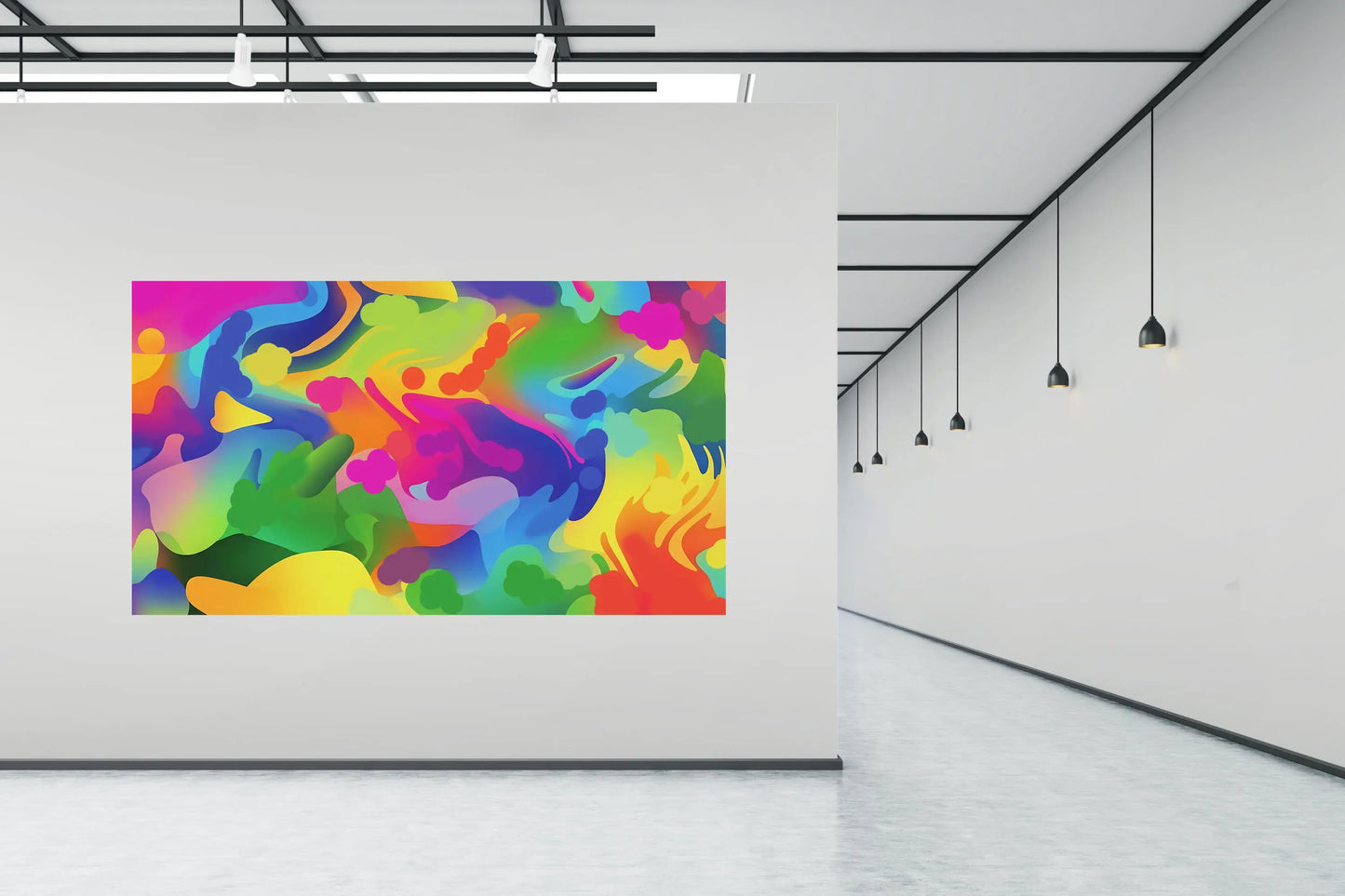 Colorful abstract art on a white wall in a modern hallway.