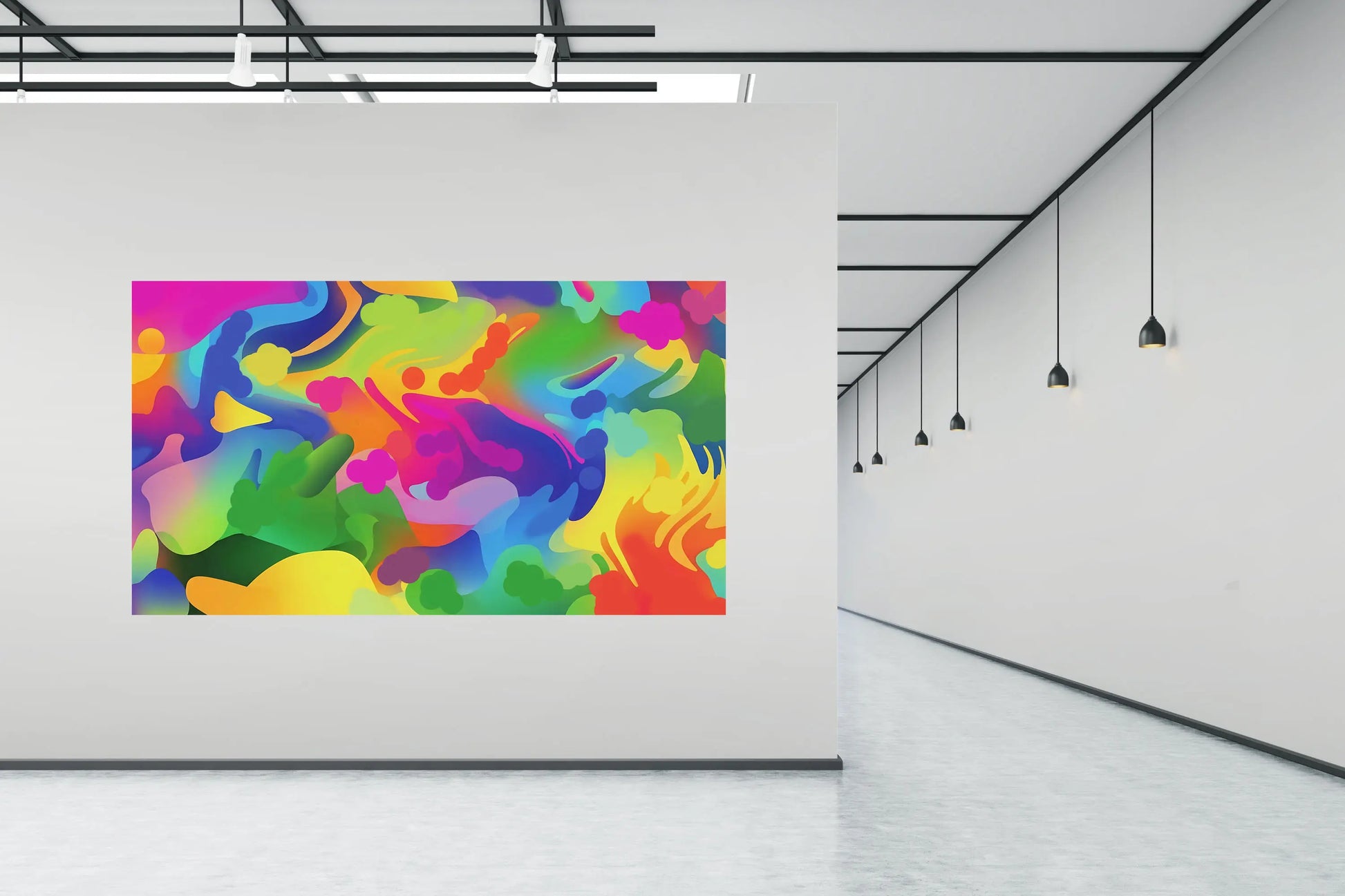 Colorful abstract art on a white wall in a modern hallway.