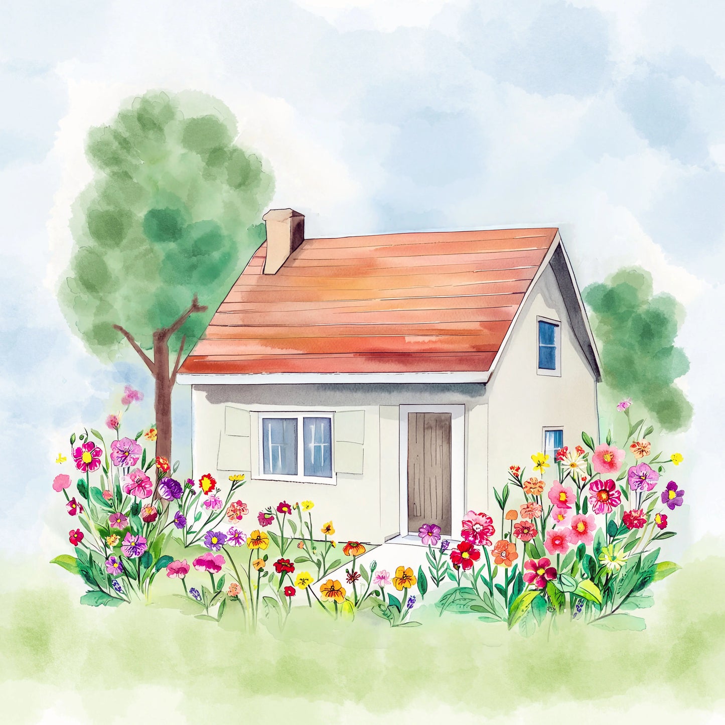 Watercolor-style illustration of a small white cottage with a warm orange-brown roof, surrounded by colorful flowers and green trees under a soft blue sky.

