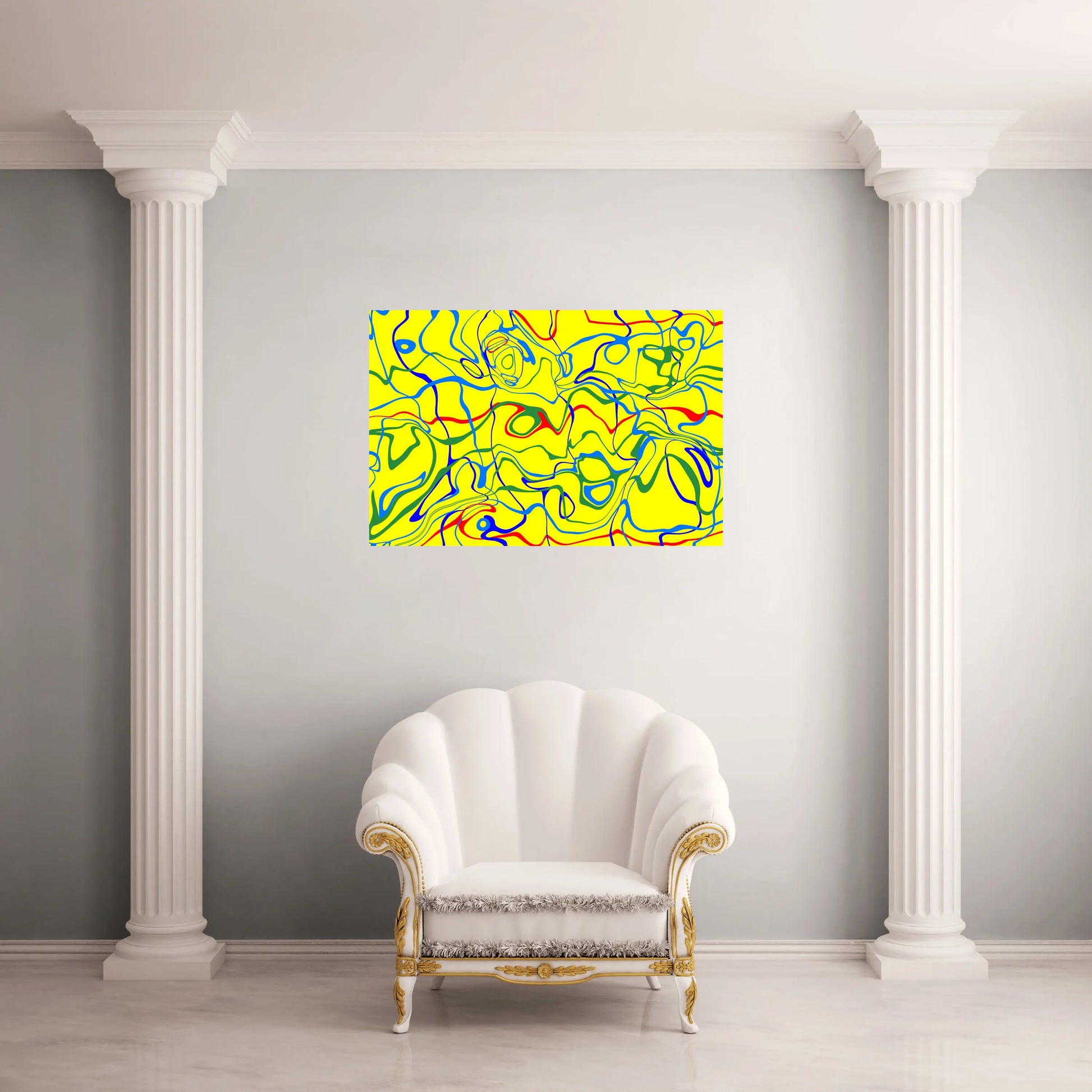 Abstract painting on a wall above a white armchair in a room with classical columns.