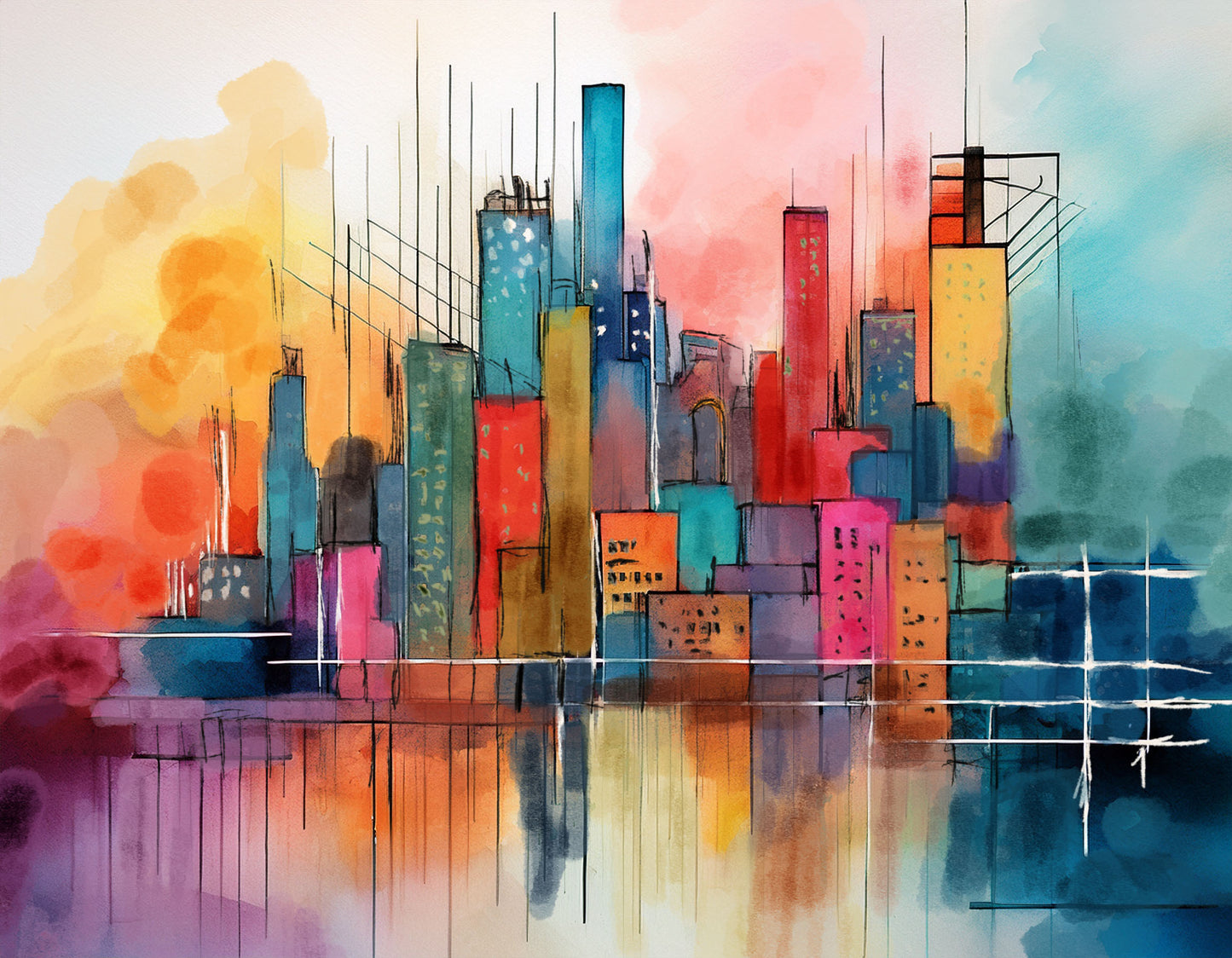 Colorful abstract cityscape painting with reflective water below.