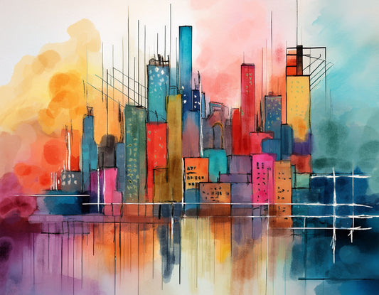 Colorful abstract cityscape painting with reflective water below.