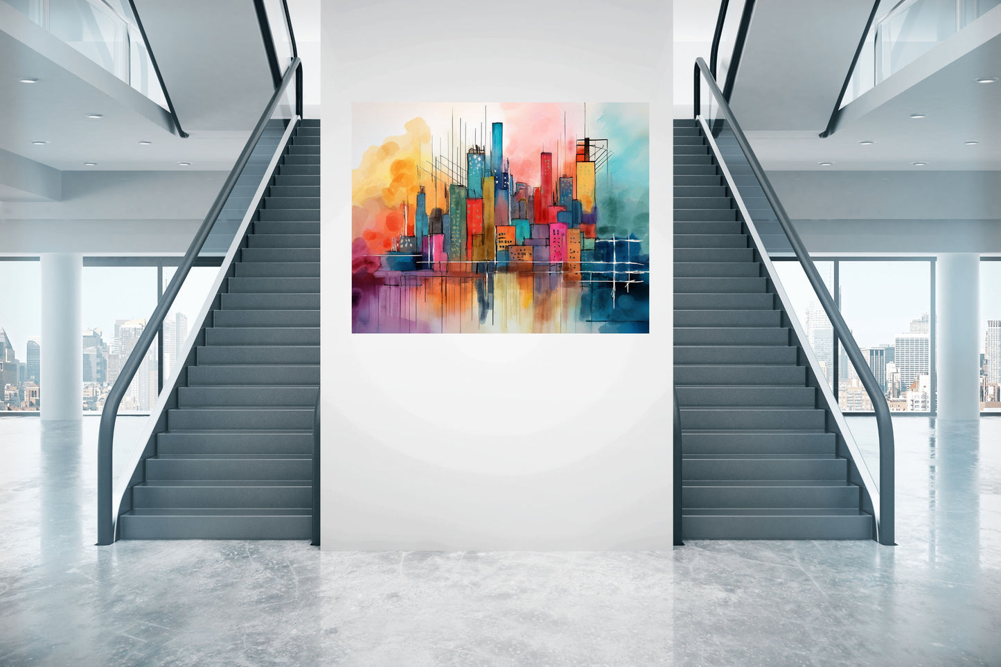 Colorful abstract painting on a wall in a modern interior with stairs.
