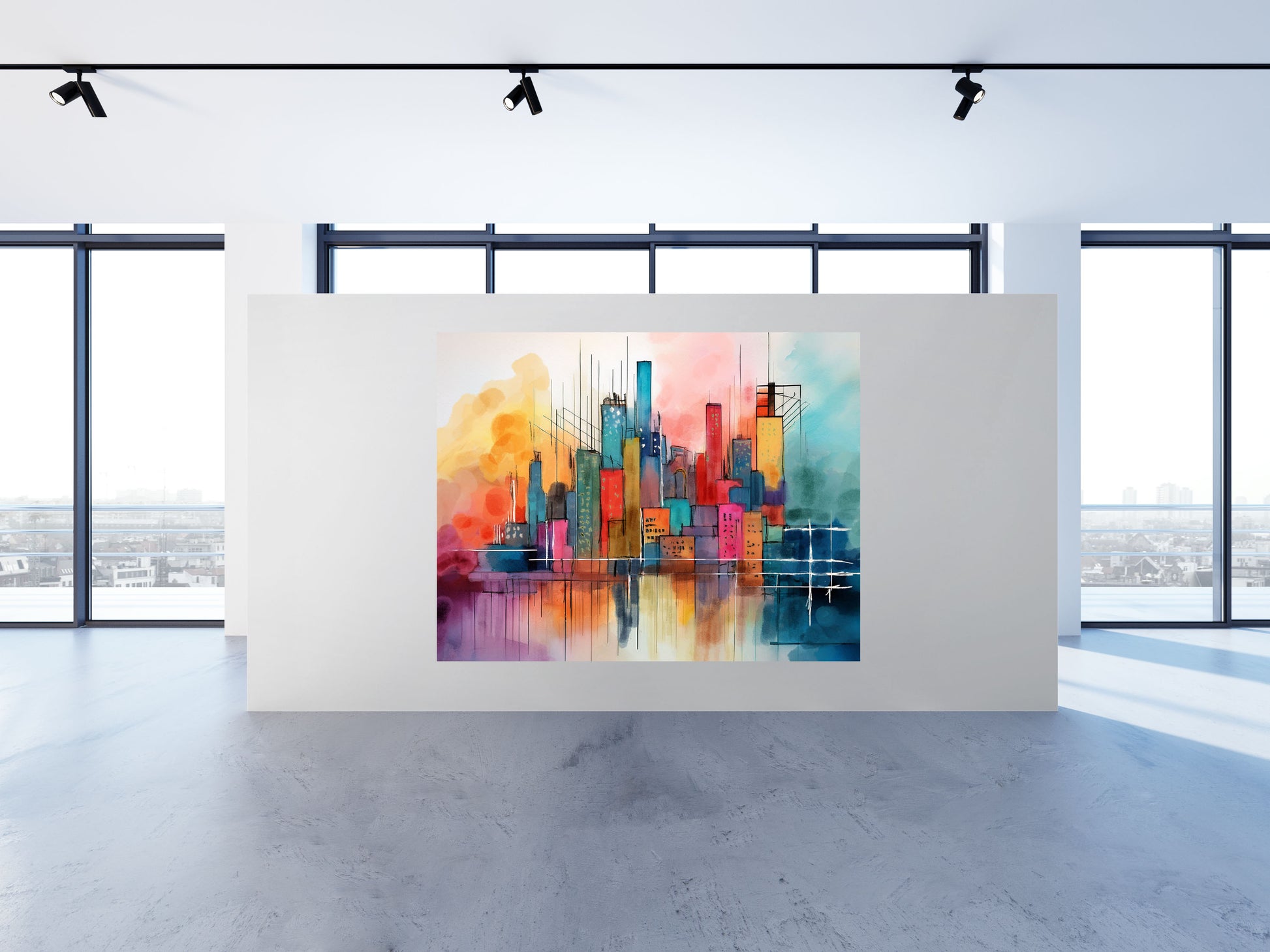 Colorful abstract cityscape painting on a wall in a modern room with large windows.