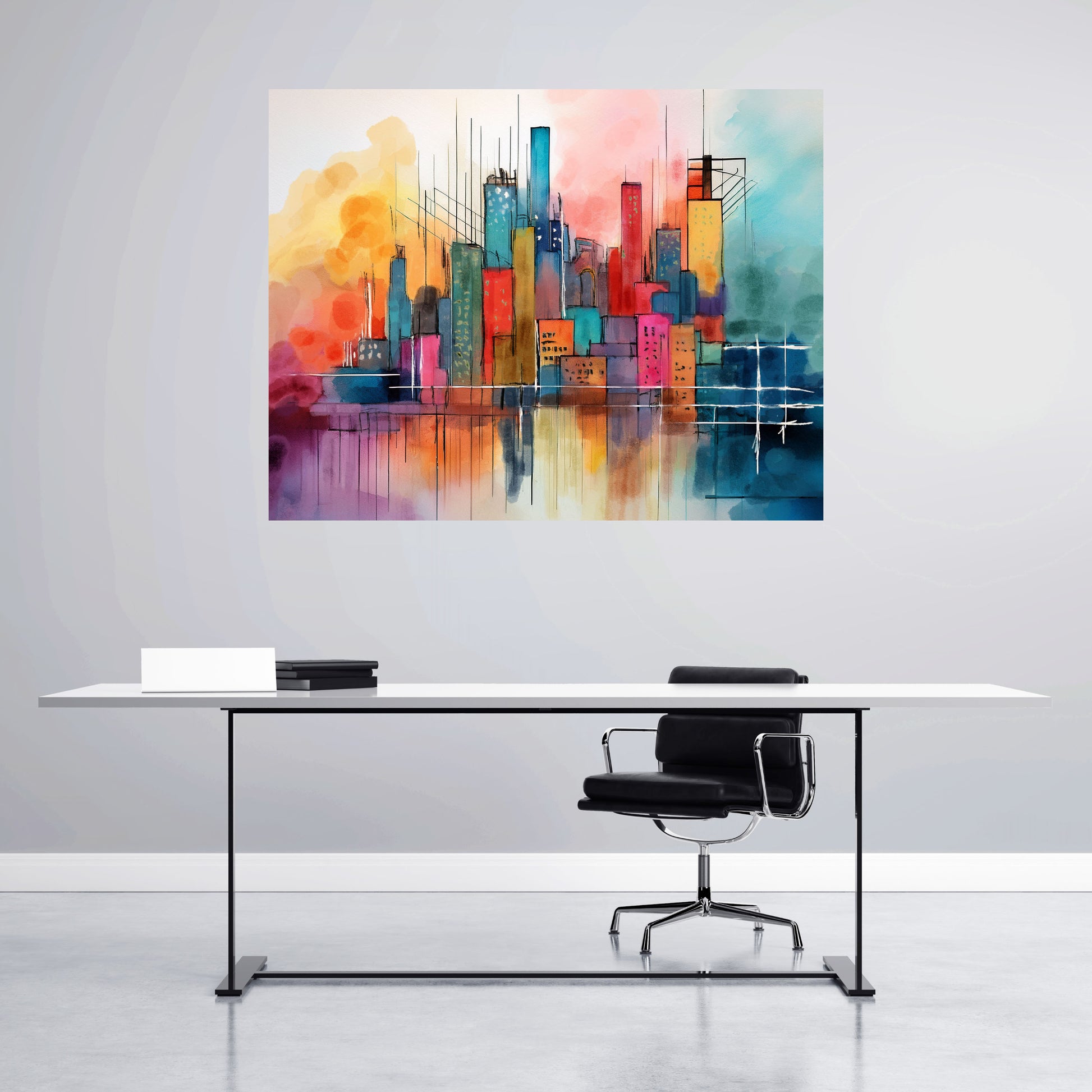 Colorful abstract cityscape painting on a wall above a desk with a chair.