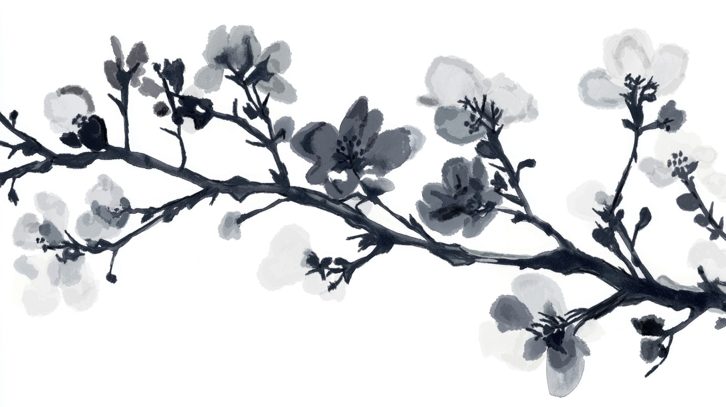 Black and white floral branch design on a white background.