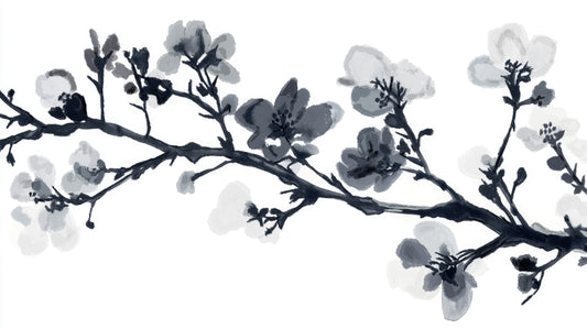 Black and white floral branch design on a white background.