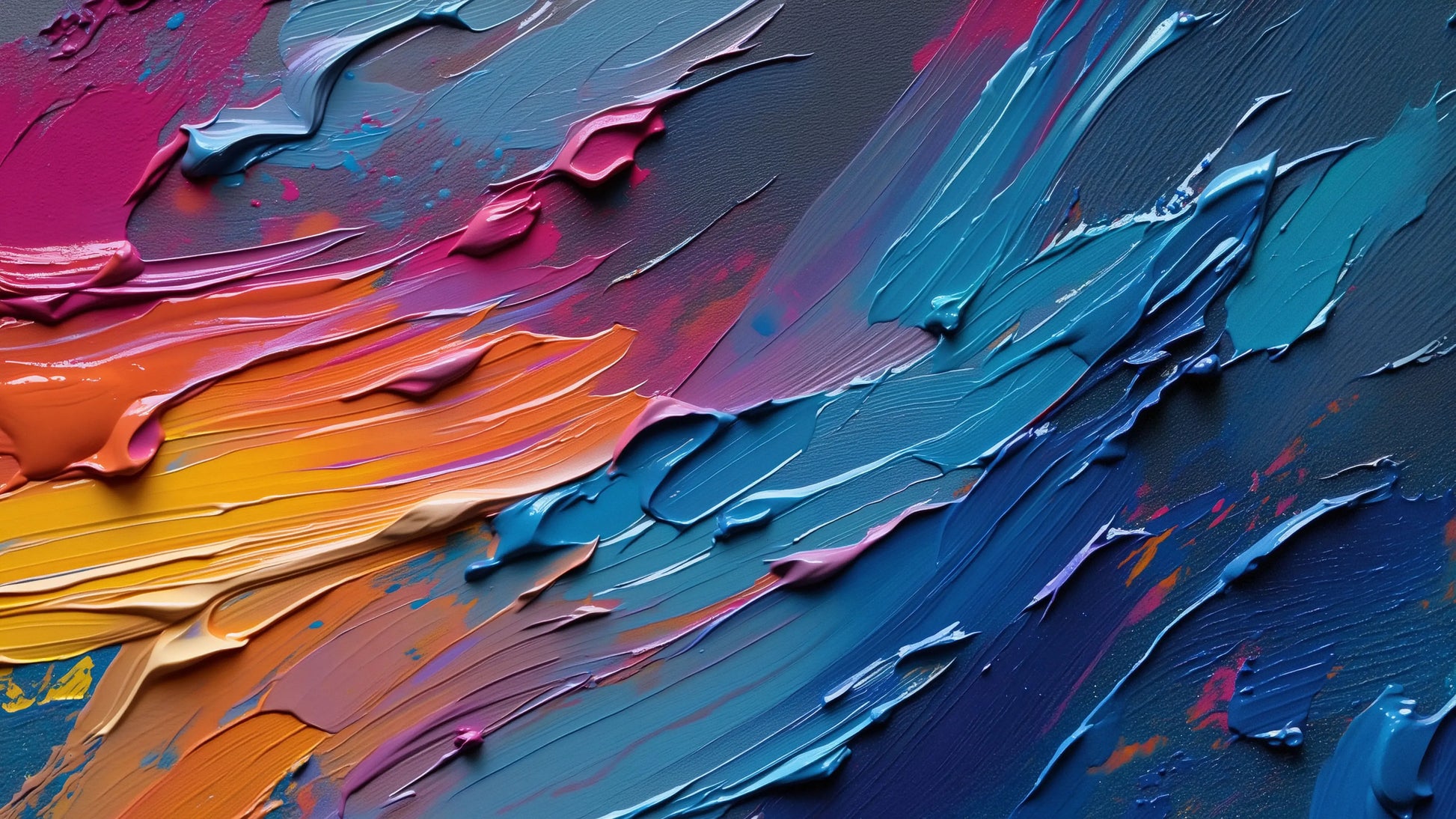 Abstract textured painting with thick impasto brushstrokes in blue, teal, pink, orange, yellow, and purple on a dark background.