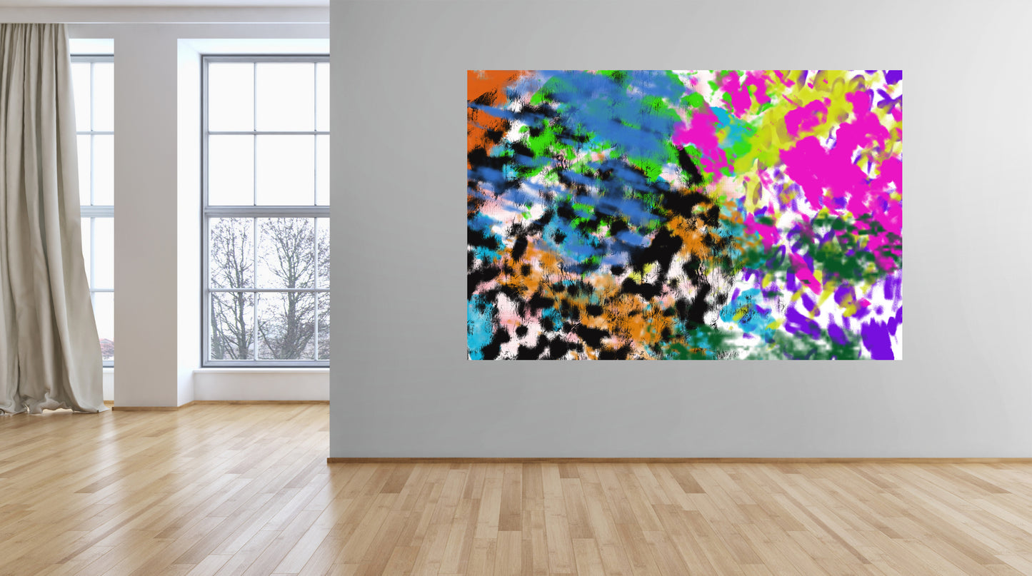 Colorful abstract painting on a white wall in a room with wooden flooring and large windows.