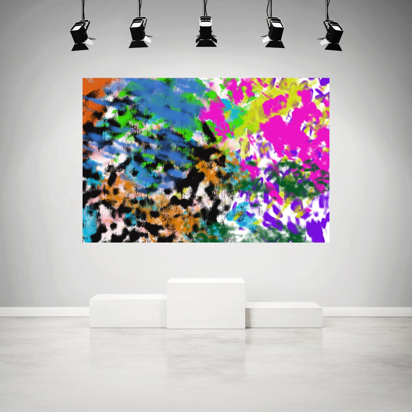 Colorful abstract painting on a white wall with spotlights.