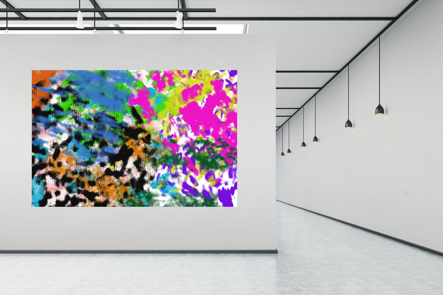 Colorful abstract painting on a white wall in a modern indoor setting.